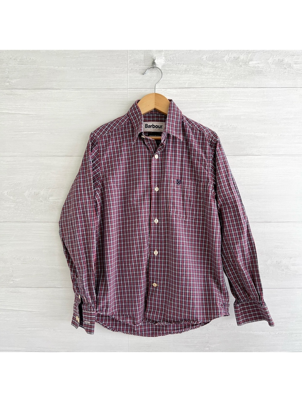 Barbour Boys Red Navy Plaid Cotton Button Up Shirt L 10/11 Regular Fit